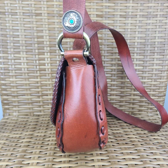 Handcrafted Brown Leather Crossbody Bag Beaded Embossed Humming Bird Design - Picture 12 of 16